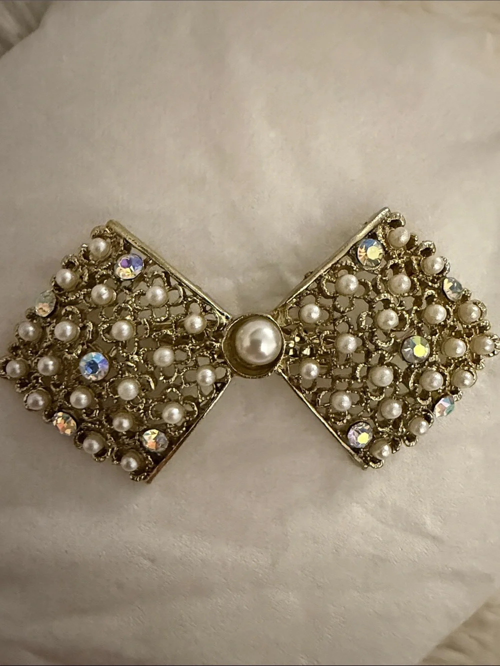 Gold-Tone Pearl & Crystal Bow Brooch